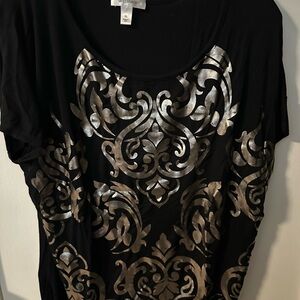 dressbarn Black Tunic with Metallic Silver Scroll Motif